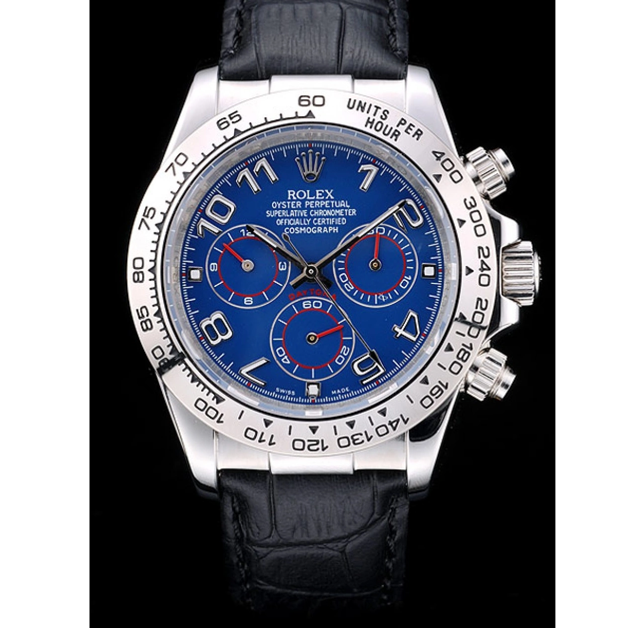 AAA Replica Watches Rolex Black Leather Strap Blue Steel Dial Stainless Case Daytona 0804